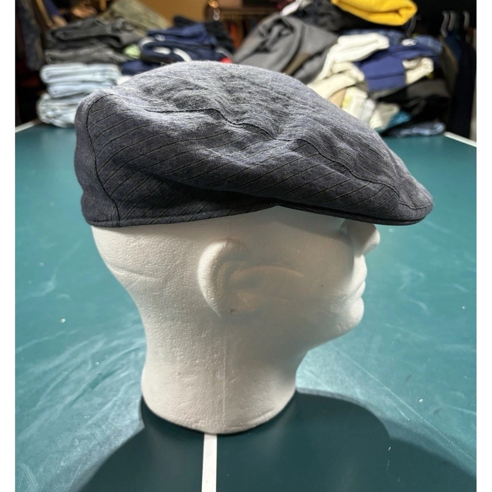 Wigens Linen Ivy Cap Newsboy Hat Blue Striped Flat Cap Size 59 Side Button